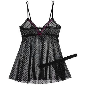 HANKY PANKY Metallic-trimmed Embroidered Tulle Chemise & Thong Set Women’s Sz L